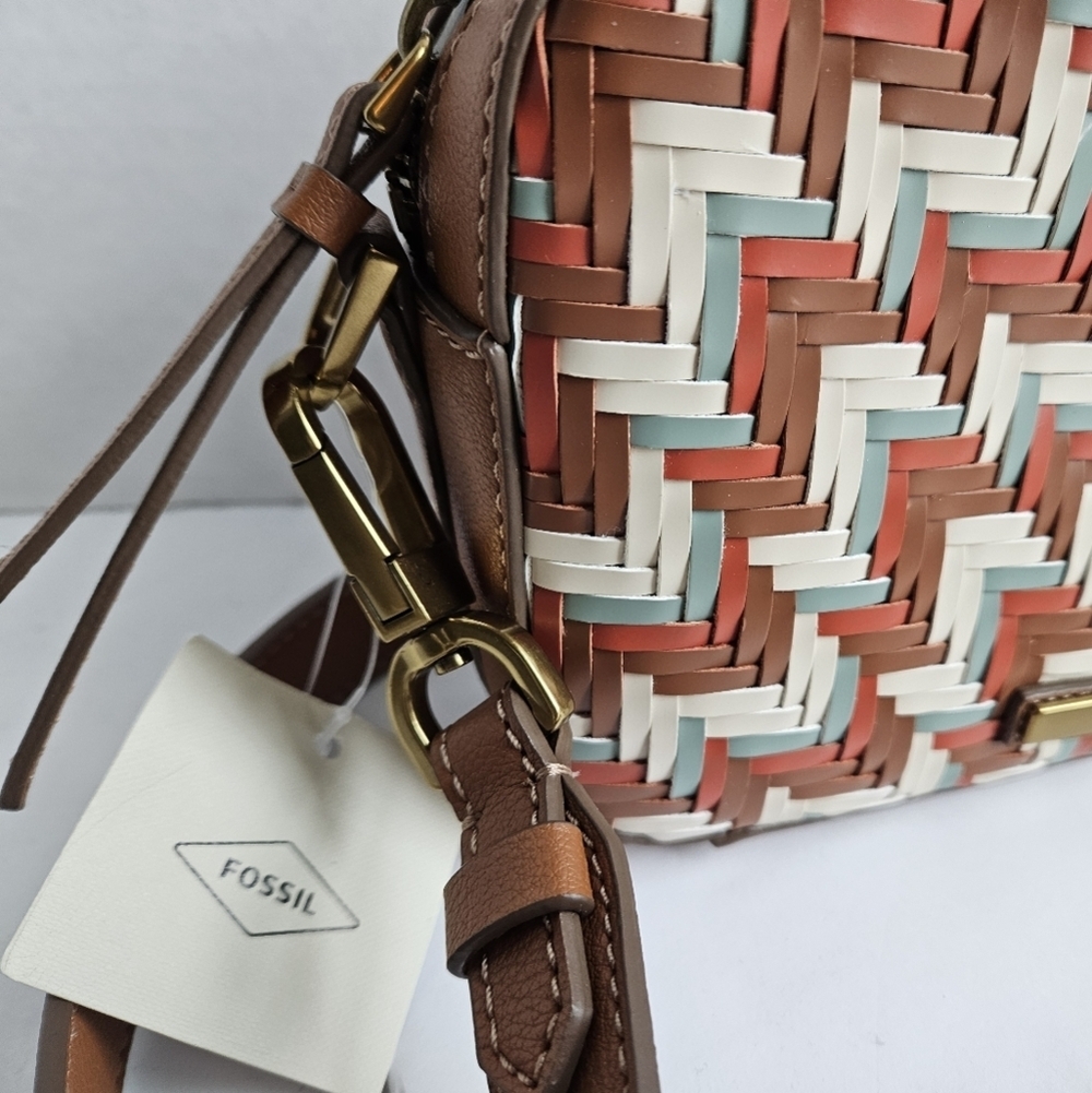 FOSSIL BRYCE CROSSBODY/CLUTCH WOVEN DESIGN BROWN CREAM RUST - Picture 5 of 10